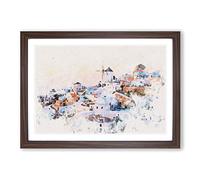 Oia Santorini Skyline in Greece Watercolour Framed Print | A2 Walnut Framed Wall Art | Ready to Hang | Modern Cityscape Picture | Living Room Bedroom Lounge Office