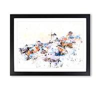Oia Santorini Skyline In Greece Watercolour Modern Framed Print | A2 Black Framed Wall Art | Ready to Hang | Modern Cityscape Picture | Living Room Bedroom Lounge Office