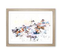 Oia Santorini Skyline In Greece Watercolour Modern Framed Print | A3 Oak Framed Wall Art | Ready to Hang | Modern Cityscape Picture | Living Room Bedroom Lounge Office