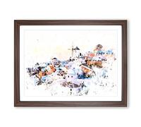 Oia Santorini Skyline In Greece Watercolour Modern Framed Print | A3 Walnut Framed Wall Art | Ready to Hang | Modern Cityscape Picture | Living Room Bedroom Lounge Office