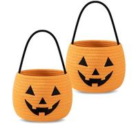 OIAHOMY 2 Pack Halloween Pumpkin Basket for Kids, Woven Rope Candy Basket, Halloween Decorations, Girls/Boys Gift Baskets Empty, Orange