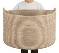 OIAHOMY 90L Large Blanket Basket with Handle, Blanket Storage for Living Room 23" x 23" x 13", Laundry Basket for Blankets, Pillows, Large Woven Rope Baskets for Kids, Dogs Toys - Brown