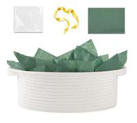 OIAHOMY Christmas Gift Basket with Handle, Small Woven Basket with Gift Bag, Ribbon and Wrap Tissue Paper, Nursery Bins Empty to Fill with Small Items, Baby, Pet Toy Organizer - White & Deep Green