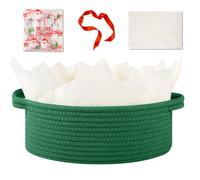 OIAHOMY Christmas Gift Basket with Handle, Small Woven Basket with Gift Bag, Ribbon and Wrap Tissue Paper, Nursery Bins Empty to Fill with Small Items, Baby, Pet Toy Organizer - Christmas Green
