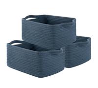 OIAHOMY Cotton Rope Woven Baskets for Storage, Nursery Rectangle Storage Basket with Handles for Shelves, Pack of 3, Blue
