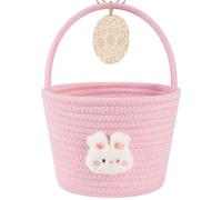 OIAHOMY Easter Basket with Handle, Personalized Bunny Easter Basket for Kids, Woven Rope Gift Empty for Eggs, Baby Treasure Hunt Baskets with Wooden Card for Boys and Girls - Pink