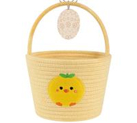 OIAHOMY Easter Basket with Handle, Personalized Bunny Easter Basket for Kids, Woven Rope Gift Empty for Eggs, Baby Treasure Hunt Baskets with Wooden Card for Boys and Girls - Yellow