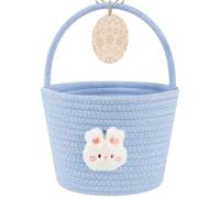 OIAHOMY Easter Basket with Handle, Personalized Bunny Easter Basket for Kids, Woven Rope Gift Empty for Eggs, Baby Treasure Hunt Baskets with Wooden Card for Boys and Girls - Blue