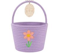 OIAHOMY Easter Basket with Handle, Personalized Bunny Easter Basket for Kids, Woven Rope Gift Empty for Eggs, Baby Treasure Hunt Baskets with Wooden Card for Boys and Girls - Purple