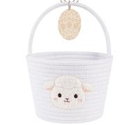 OIAHOMY Easter Basket with Handle, Personalized Bunny Easter Basket for Kids, Woven Rope Gift Empty for Eggs, Baby Treasure Hunt Baskets with Wooden Card for Boys and Girls - White