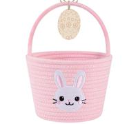OIAHOMY Easter Basket with Handle, Personalized Bunny Easter Basket for Kids, Woven Rope Gift Empty for Eggs, Baby Treasure Hunt Baskets with Wooden Card for Boys and Girls - Pink & White