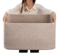 OIAHOMY Large Blanket Storage Basket with Handle Woven with Cotton Rope 75 Litres 22 x 17 x 12 Inches for Living Room Toy Kids Room Marbled Brown