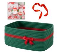 OIAHOMY Large Woven Storage Basket with Handles for Nursery Living Room Shelves, Bow Basket for Gifts Empty with Gift Bags and Ribbons for Baby Showers Pet Toy Bin - Christmas Green