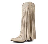 Oiamenne Cowboy Boots for Women Fringe Knee High Cowgirl Boots Pointed Toe Western Boot Chunky Heel Pull on, Beige, 5 UK
