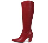 Oiamenne Knee High Boots for Women Square Toe Chunky Heeled Leather Tall Boots with Side Zipper Fashion Wide Calf Long Boots, Red, 6 UK