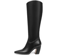 Oiamenne Knee High Boots for Women Square Toe Chunky Heeled Leather Tall Boots with Side Zipper Fashion Wide Calf Long Boots, Black, 3 UK