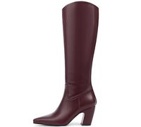 Oiamenne Knee High Boots for Women Square Toe Chunky Heeled Leather Tall Boots with Side Zipper Fashion Wide Calf Long Boots, Burgundy, 4.5 UK