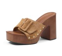 Oiamenne Womens Platform Chunky Heels Sandals Open Toe High Block Heeled Sandals Slip On Slides Mules for Party Dressy Shoes, Brownsuede, 8 UK