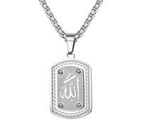 Oidea Allah Necklace for Men: 18K Gold Plated Stainless Steel Dog Tag Arabic Muslim Pendant Necklaces Islamic Muslim Jewelry Gifts Silver Chain Length 23.62"