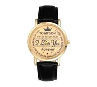 Oidea Analog Quartz Wrist Watches for Men: to My Son Black Leather Strap with Gold Dial Gold Round Case No Markers Inspirational Message for Birthday Christmas Graduation Gift