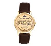 Oidea Analog Quartz Wrist Watches for Men: to My Son Brown Leather Strap with Gold Dial Gold Round Case No Markers Inspirational Message for Birthday Christmas Graduation Gift