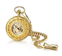 Oidea Automatic Mechanical Pocket Watch: Gold Tone Elegant Carving Flower Roman Numerals Round Dial Pocket Watch with Chain Hanging Sweater Clock Necklace Gifts for Men Women