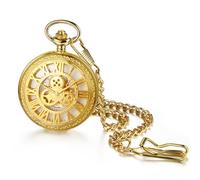 Oidea Automatic Mechanical Pocket Watch: Gold Tone Gear Decoration Skeleton Roman Numerals Round Dial Pocket Watch with Chain Hanging Sweater Clock Necklace Gifts for Men Women