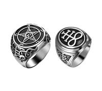 Oidea Baphomet Sigil of Lucifer Ring: 2 Pcs Punk Gothic Seal of Satan Symbol Pentagram Goat Head Biker Signet Rings Set Satanic Talisman Amulet Jewelry Gifts for Men Size 12