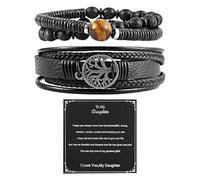 Oidea Bracelets Set for Men and Women: Black Leather Wrap Tree of Life Bracelets Tiger Eye Natural Stone Lava Rock Beads Elastic Bracelet Wristbands Jewelry with Card