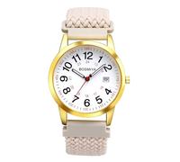 Oidea Braided Elastic Nurse Watch for Medical: 12/24 Hour Military Time Day Date Dial Second Hand Analog Casual Watch for Medical Professionals Students Doctors, Beige Band