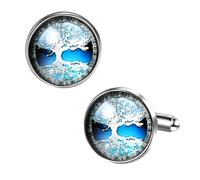 OIDEA Cufflinks for Men: Tree of Life Cufflinks Tuxedo Shirt Cuff Links Shirt Studs Accessories Business Wedding Gift for Father, Husband, Boyfriend, Son, Blue Silver