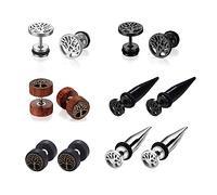 Oidea Earrings for Women Men: 6 Pairs Flat Back Earring Rock Punk Stainless Steel Earring Life Tree Cheater Faux Ear Plugs Illusion Screw Wooden Stud Earrings