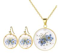 Oidea Flower Jewelry Set for Women: Elegant Forget Me Not Dried Pressed Flowers Drop Dangle Earring & Pendant Necklace Gifts, Round, Gold Tone