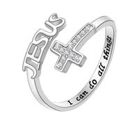 Oidea Jesus Cross Ring for Women: Silver Zircon Faith Ring Engraved I Can Do All Thing Adjustable Wrap Open Ring Finger Thumb Rings Religious Christian Jewelry Gifts