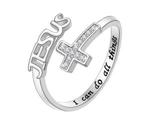 Oidea Jesus Cross Ring for Women: Silver Zircon Faith Ring Engraved I Can Do All Thing Adjustable Wrap Open Ring Finger Thumb Rings Religious Christian Jewelry Gifts