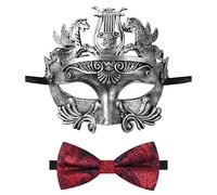 Oidea Masquerade Mask for Men: Retro Ancient Greek Roman Soldier Phantom of The Opera Mask with Red Bow Tie, Silver
