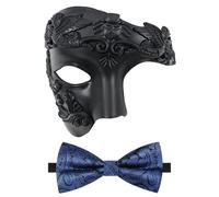 Oidea Masquerade Mask for Men: Retro Phantom of The Opera Mask with Blue Bow Tie Costume One Eyed Half Face Mask, Black
