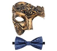 Oidea Masquerade Mask for Men: Retro Phantom of The Opera Mask with Blue Bow Tie Costume One Eyed Half Face Mask, Copper