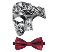 Oidea Masquerade Mask for Men: Retro Phantom of The Opera Mask with Red Bow Tie Costume One Eyed Half Face Mask, Silver