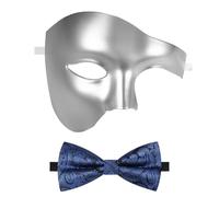 Oidea Masquerade Mask for Men: Solid Color Phantom of The Opera Mask Costume Party Mask with Blue Bow Tie, Matt Silver