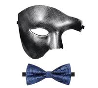 Oidea Masquerade Mask for Men: Solid Color Phantom of The Opera Mask Costume Party Mask with Blue Bow Tie, Vintage Silver