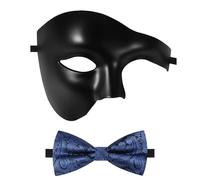 Oidea Masquerade Mask for Men: Solid Color Phantom of The Opera Mask Costume Party Mask with Blue Bow Tie, Matt Black
