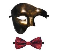 Oidea Masquerade Mask for Men: Solid Color Phantom of The Opera Mask Costume Party Mask with Red Bow Tie, Vintage Gold