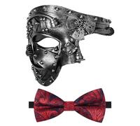 Oidea Masquerade Mask for Men: Steampunk Mechanical Cyborg Phantom of The Opera Mask Party Mask with Red Bow Tie, Silver