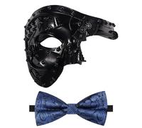 Oidea Masquerade Mask for Men: Steampunk Mechanical Cyborg Phantom of The Opera Mask Party Mask with Blue Bow Tie, Black