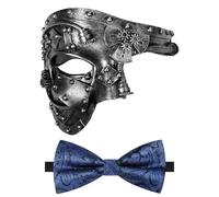 Oidea Masquerade Mask for Men: Steampunk Mechanical Cyborg Phantom of The Opera Mask Party Mask with Blue Bow Tie, Silver