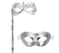 Oidea Masquerade Mask with Stick for Couples: Luxury Rhinestones Party Mask for Women Men Mardi Gras Venetian Carnival Masks Set Halloween Costume Accessory, Silver