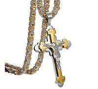 Oidea Mens Jesus Cross Pendant Necklace: Gold Tone Punk Stainless Steel Necklace for Men Women Amulet Christian Jewelry Gift with 21.65'' Rough Chains