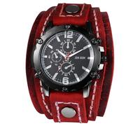 Oidea Mens Steampunk Leather Cuff Watches: Vintage Hiphop Big Face Round Dial Wide Band Analog Quartz Wrsit Watches Casual Military Sport Watch Red