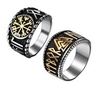 Oidea Men's Viking Rings Set: 2 Piece Retro Nordic Viking Rune Compass Odin Symbol Warrior Amulet Signet Ring Band Vintage Cocktail Party Biker Rings Faith Jewelry Gifts Size 11